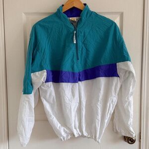 Vintage Blue Striped White 80s 90s Windbreaker Jacket  
Solumbra